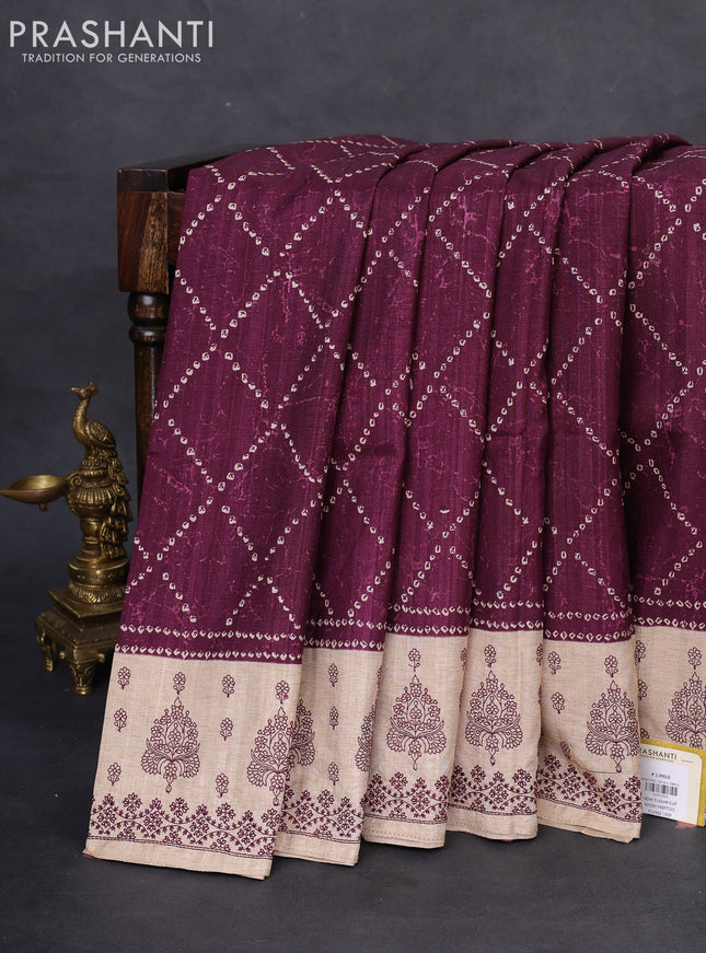 Semi tussar saree wine shade and beige with allover bandhani prints and embroidery work border