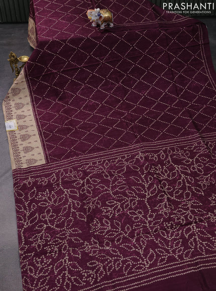 Semi tussar saree wine shade and beige with allover bandhani prints and embroidery work border