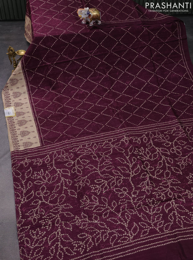 Semi tussar saree wine shade and beige with allover bandhani prints and embroidery work border