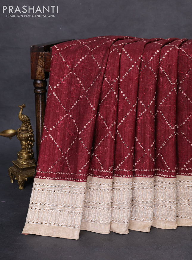 Semi tussar saree maroon and beige with allover bandhani prints and embroidery cut work border
