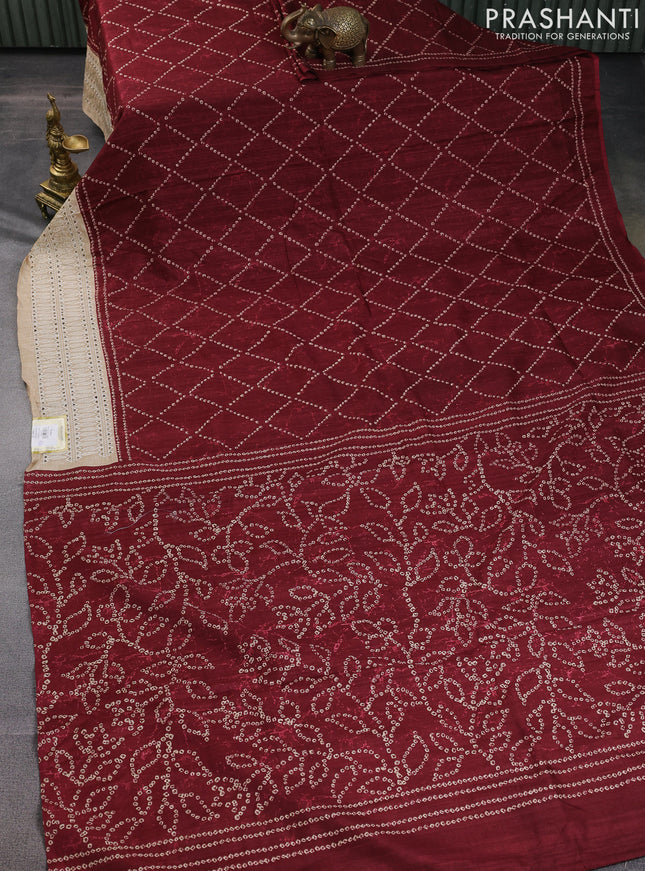 Semi tussar saree maroon and beige with allover bandhani prints and embroidery cut work border