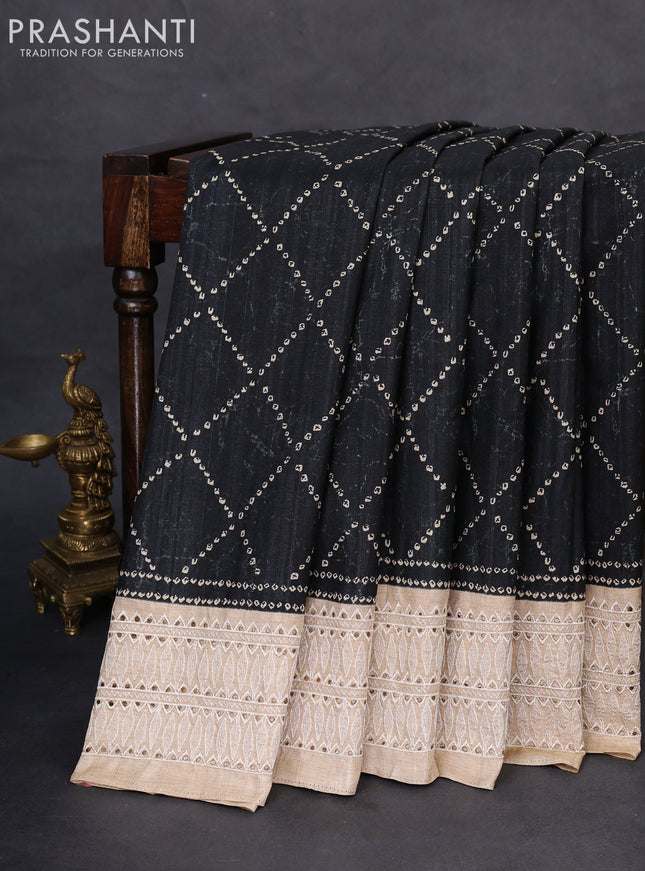 Semi tussar saree black and beige with allover bandhani prints and embroidery cut work border