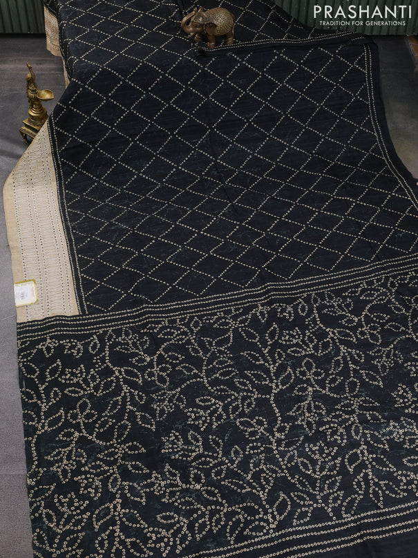 Semi tussar saree black and beige with allover bandhani prints and embroidery cut work border
