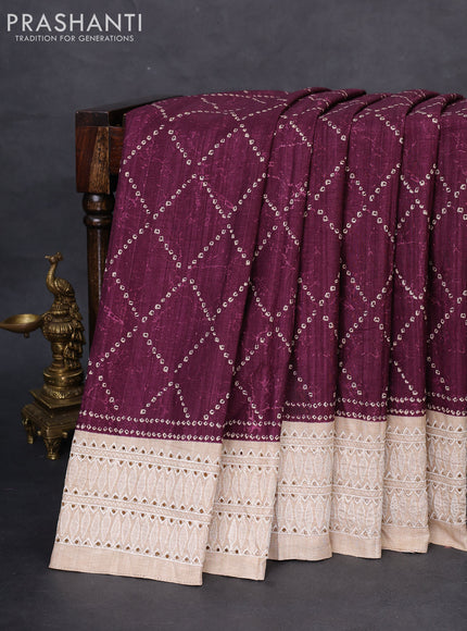 Semi tussar saree wine shade and beige with allover bandhani prints and embroidery cut work border