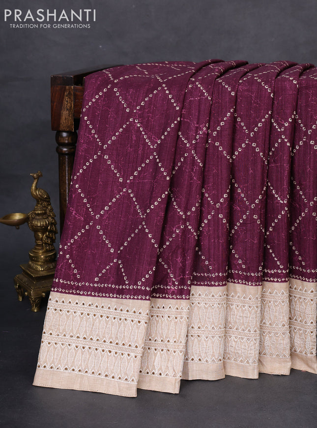 Semi tussar saree wine shade and beige with allover bandhani prints and embroidery cut work border