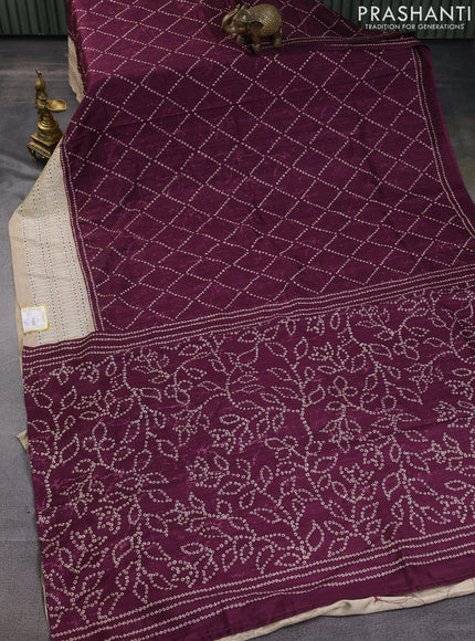 Semi tussar saree wine shade and beige with allover bandhani prints and embroidery cut work border
