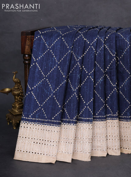 Semi tussar saree peacock blue and beige with allover bandhani prints and embroidery cut work border