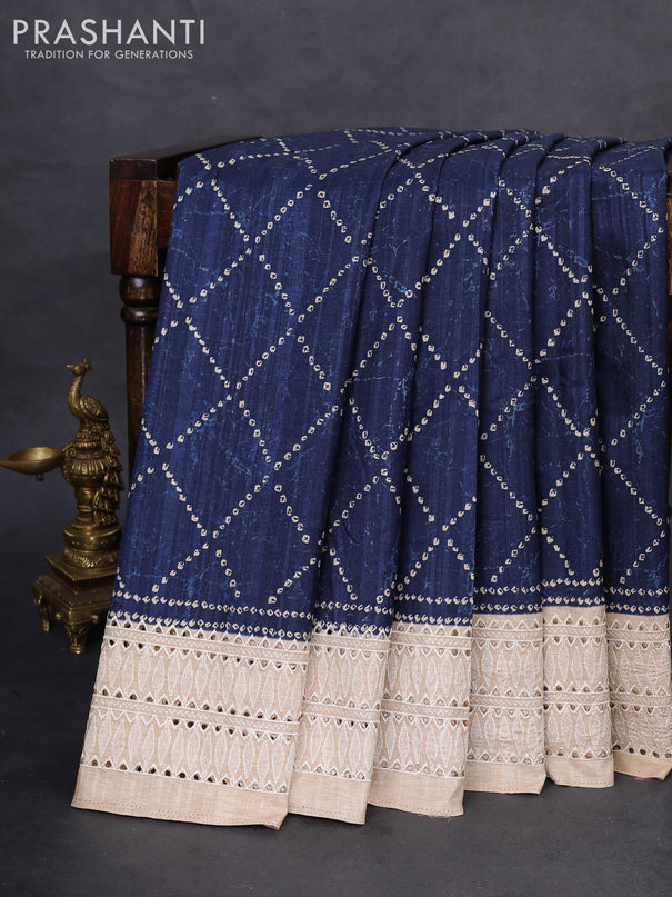 Semi tussar saree peacock blue and beige with allover bandhani prints and embroidery cut work border