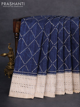 Semi tussar saree peacock blue and beige with allover bandhani prints and embroidery cut work border
