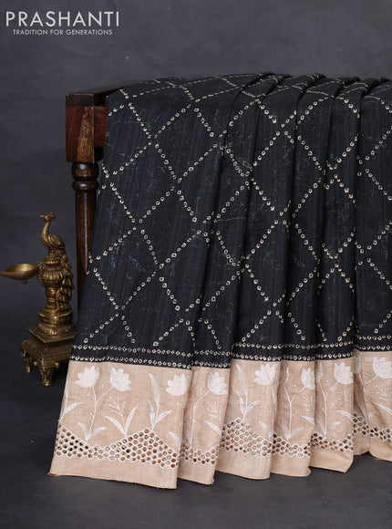 Semi tussar saree black and beige with allover bandhani prints and embroidery cut work border