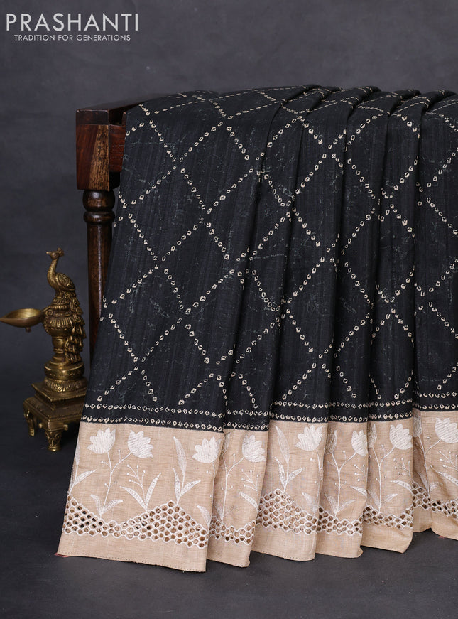 Semi tussar saree black and beige with allover bandhani prints and embroidery cut work border