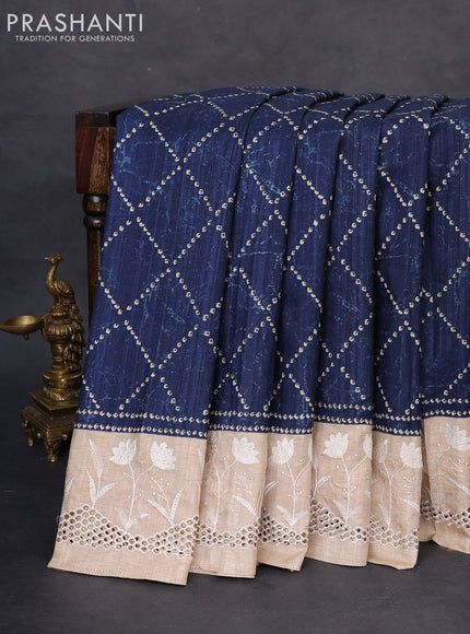Semi tussar saree peacock blue and beige with allover bandhani prints and embroidery cut work border