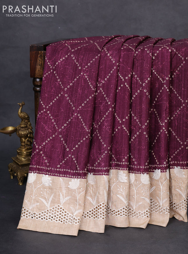 Semi tussar saree wine shade and beige with allover bandhani prints and embroidery cut work border