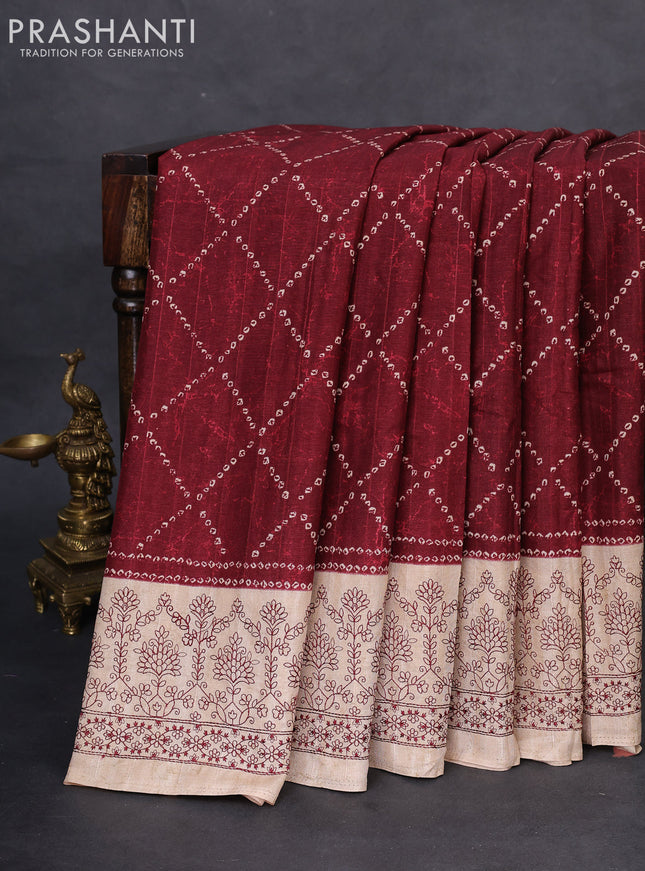 Semi tussar saree amaroon and beige with allover bandhani prints and embroidery work border