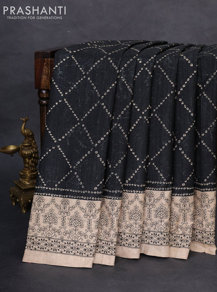 Semi tussar saree black and beige with allover bandhani prints and embroidery work border