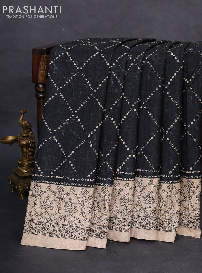 Semi tussar saree black and beige with allover bandhani prints and embroidery work border
