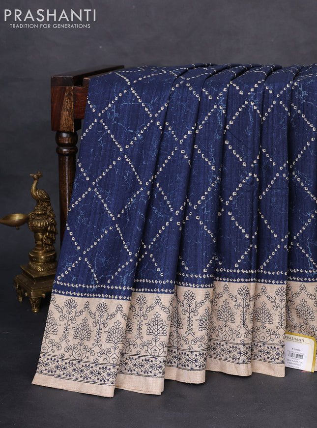 Semi tussar saree peacock blue and beige with allover bandhani prints and embroidery work border