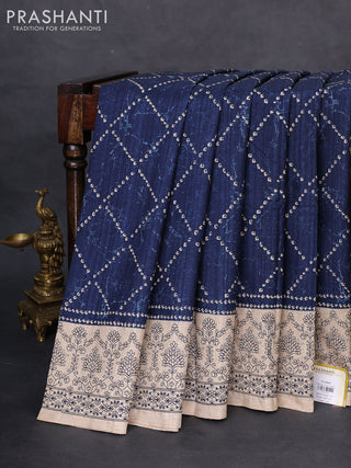 Semi tussar saree peacock blue and beige with allover bandhani prints and embroidery work border