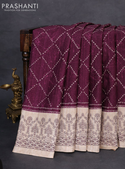 Semi tussar saree wine shade and beige with allover bandhani prints and embroidery work border