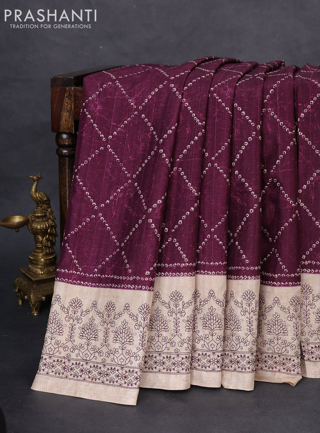 Semi tussar saree wine shade and beige with allover bandhani prints and embroidery work border