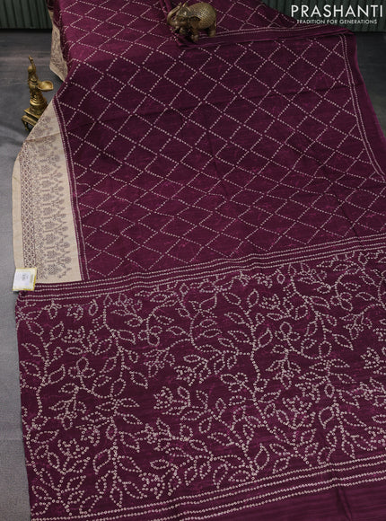 Semi tussar saree wine shade and beige with allover bandhani prints and embroidery work border