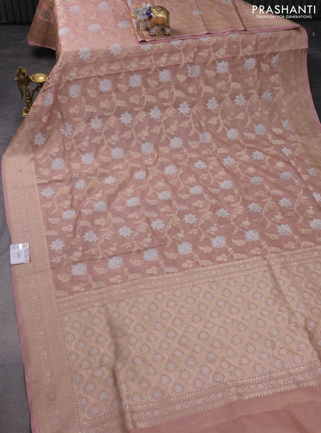 Banarasi tissue silk saree pastel peach with allover thread & zari woven floral weaves and zari woven border