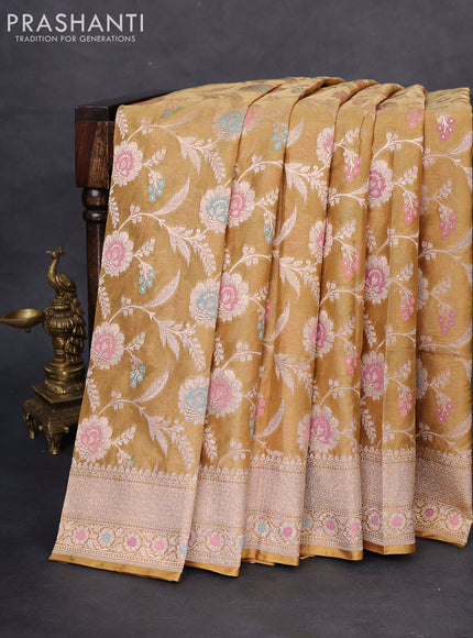Banarasi tissue silk saree mustard shade with allover thread & zari woven floral weaves and zari woven border