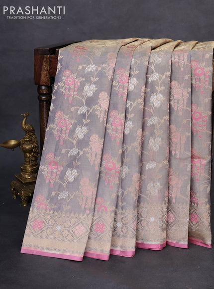 Banarasi tissue silk saree pastel grey and pink with allover thread & zari woven floral weaves and zari woven border
