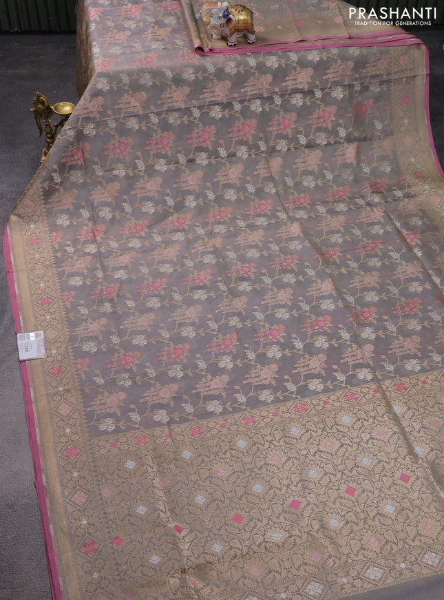 Banarasi tissue silk saree pastel grey and pink with allover thread & zari woven floral weaves and zari woven border