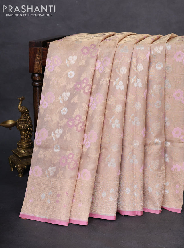Banarasi tissue silk saree sandal and peach pink with allover thread & zari woven floral weaves and zari woven border