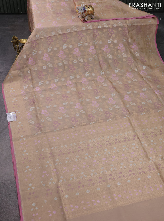 Banarasi tissue silk saree sandal and peach pink with allover thread & zari woven floral weaves and zari woven border