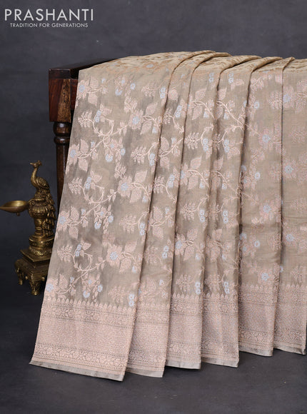 Banarasi tissue silk saree greyish green with allover silver & gold zari weaves and zari woven border