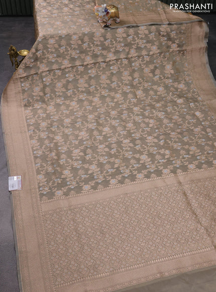 Banarasi tissue silk saree greyish green with allover silver & gold zari weaves and zari woven border