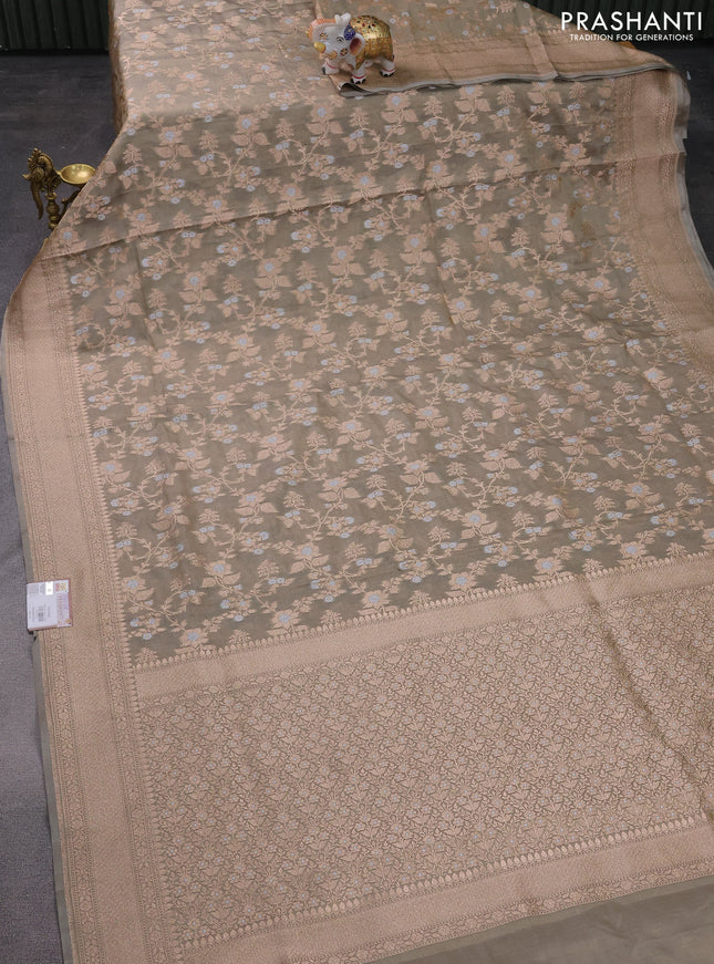 Banarasi tissue silk saree greyish green with allover silver & gold zari weaves and zari woven border