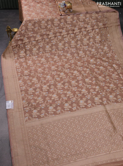 Banarasi tissue silk saree dark sandal with allover silver & gold zari weaves and zari woven border