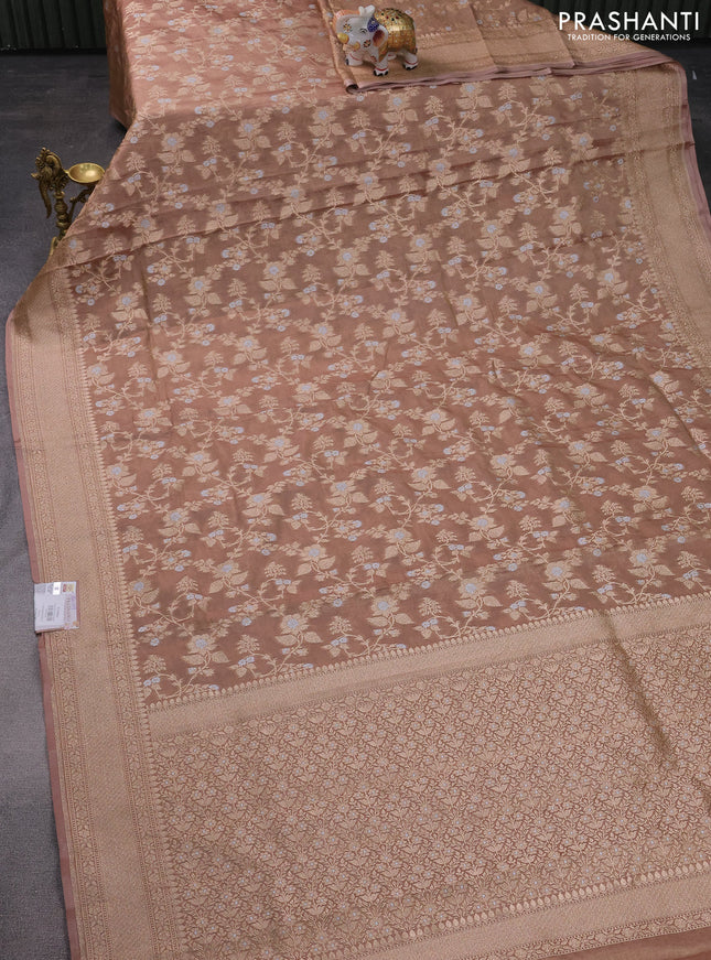 Banarasi tissue silk saree dark sandal with allover silver & gold zari weaves and zari woven border