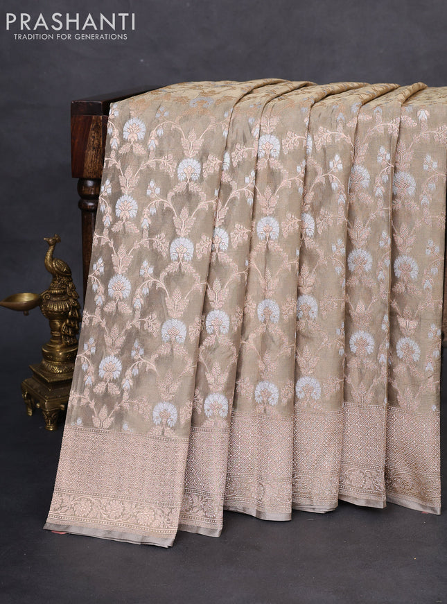 Banarasi tissue silk saree grey shade with allover silver & gold zari weaves and zari woven border
