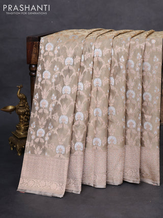 Banarasi tissue silk saree grey shade with allover silver & gold zari weaves and zari woven border