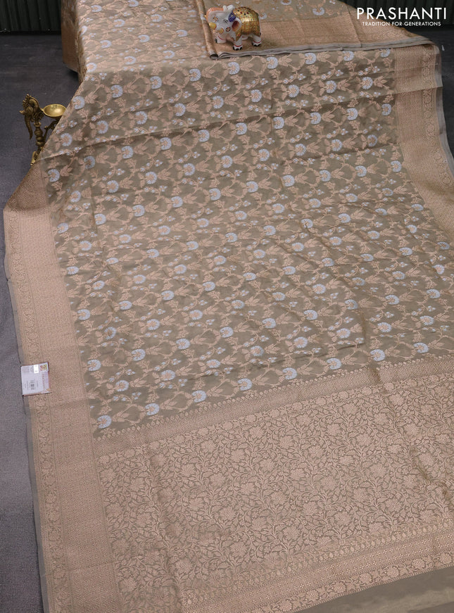 Banarasi tissue silk saree grey shade with allover silver & gold zari weaves and zari woven border