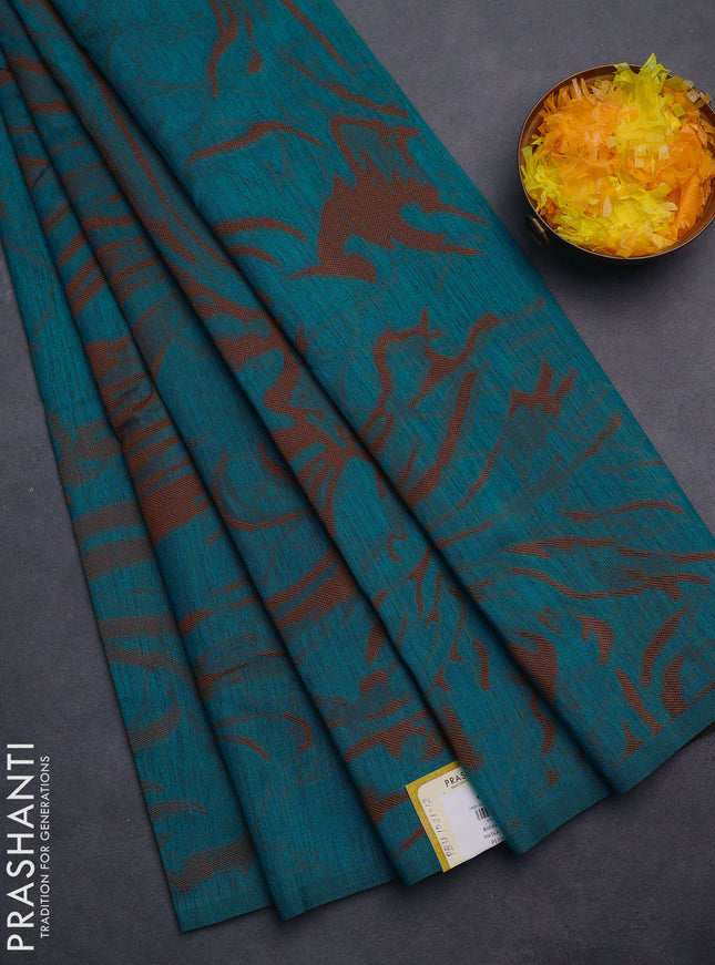 Banarasi semi matka saree teal blue shade with allover thread weaves in borderless style