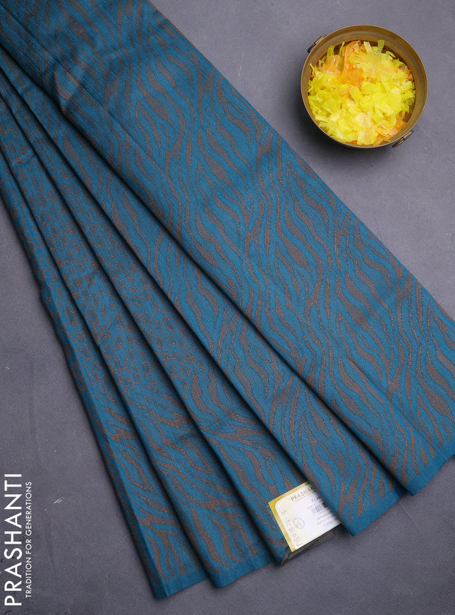 Banarasi semi matka saree teal blue with allover thread weaves in borderless style