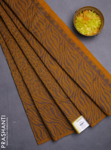 Banarasi semi matka saree mustard yellow with allover thread weaves in borderless style