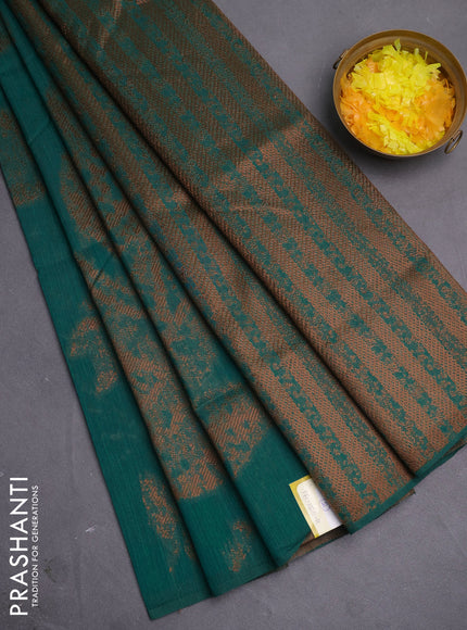 Banarasi semi matka saree teal green with allover thread woven leaf butta weaves in borderless style