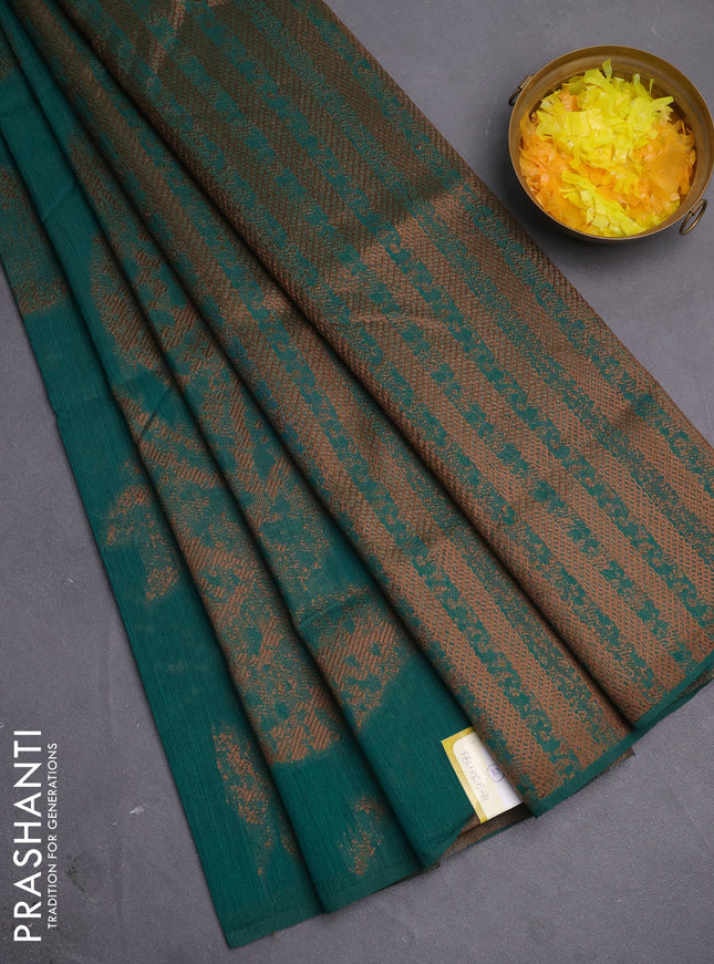 Banarasi semi matka saree teal green with allover thread woven leaf butta weaves in borderless style
