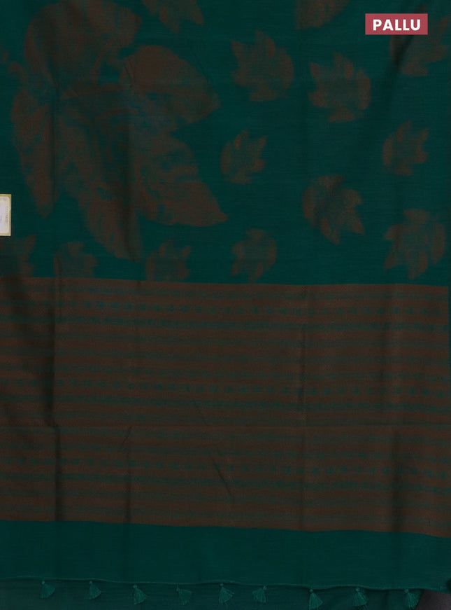 Banarasi semi matka saree teal green with allover thread woven leaf butta weaves in borderless style