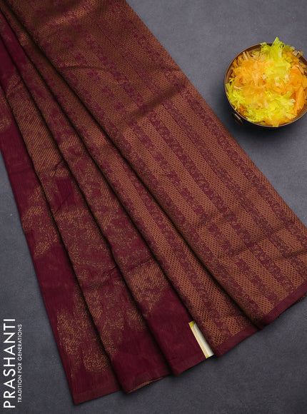 Banarasi semi matka saree wine shade with allover thread woven leaf butta weaves in borderless style
