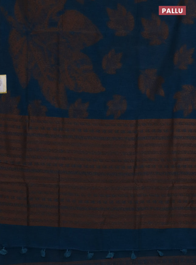 Banarasi semi matka saree peacock blue with allover thread woven leaf butta weaves in borderless style