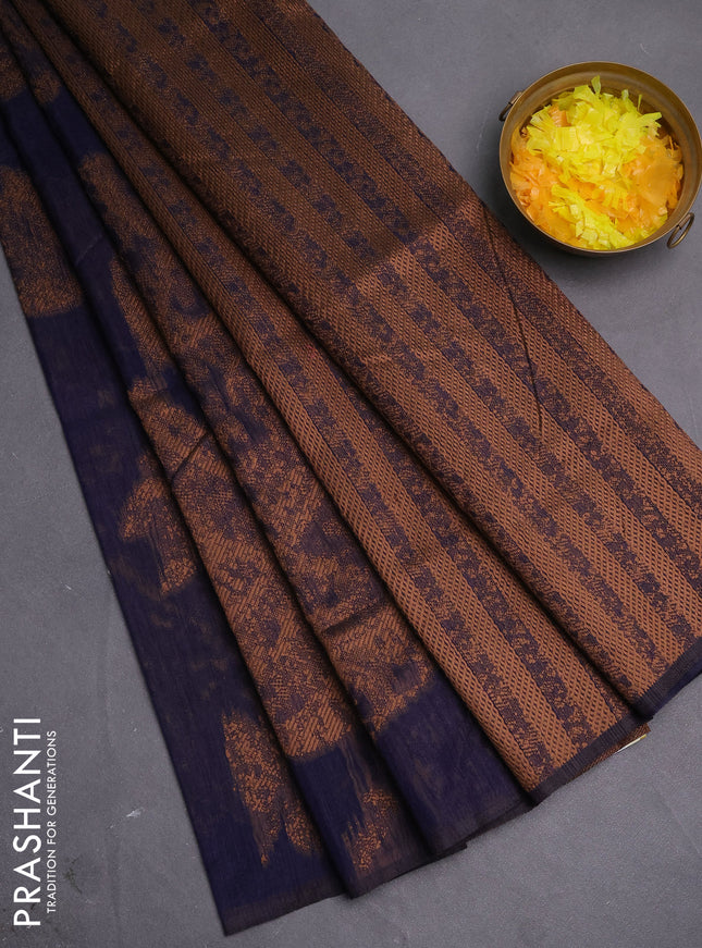 Banarasi semi matka saree navy blue with allover thread woven leaf butta weaves in borderless style