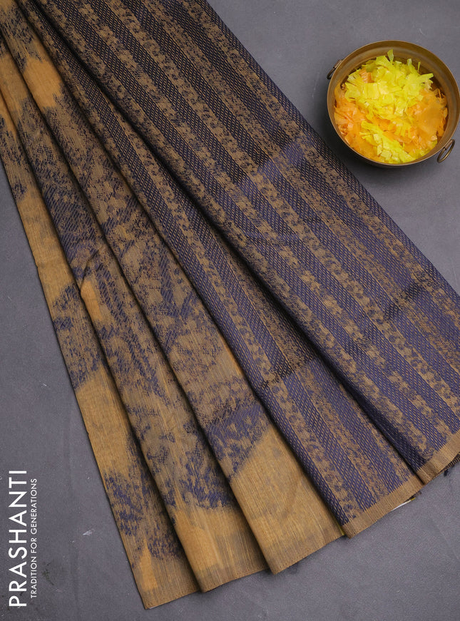 Banarasi semi matka saree sandal with allover thread woven leaf butta weaves in borderless style