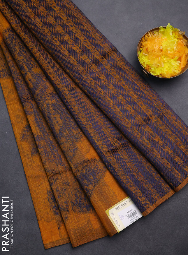 Banarasi semi matka saree mustard yellow with allover thread woven leaf butta weaves in borderless style